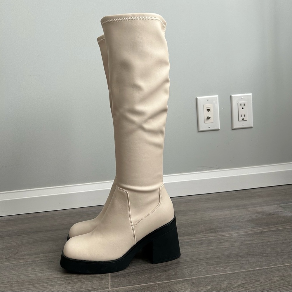Call It Spring Cream and Black Boots with Block Heel